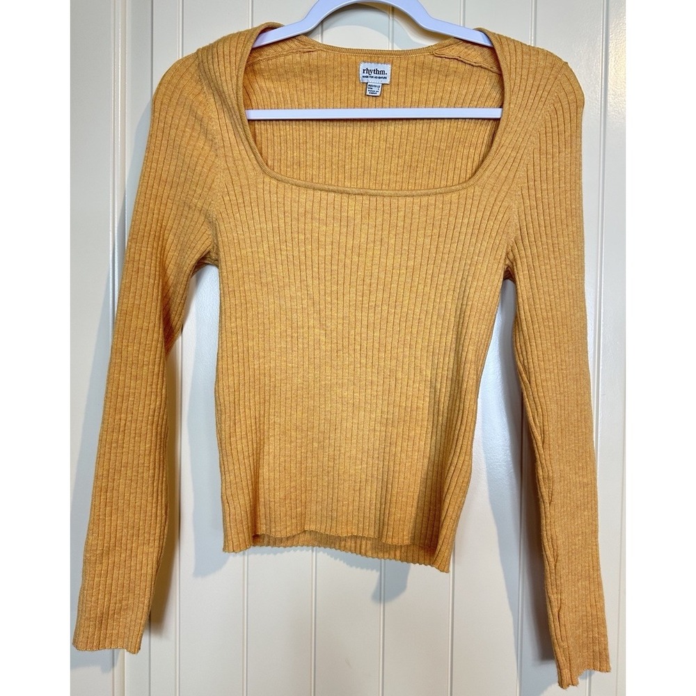 Rhythm yellow Ribbed Long Sleeve Top Stretchy 90's‎ y2k fitted modal Sz L GUC